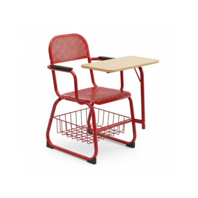 Red Classroom Chair with Writing Tablet and Book Basket
